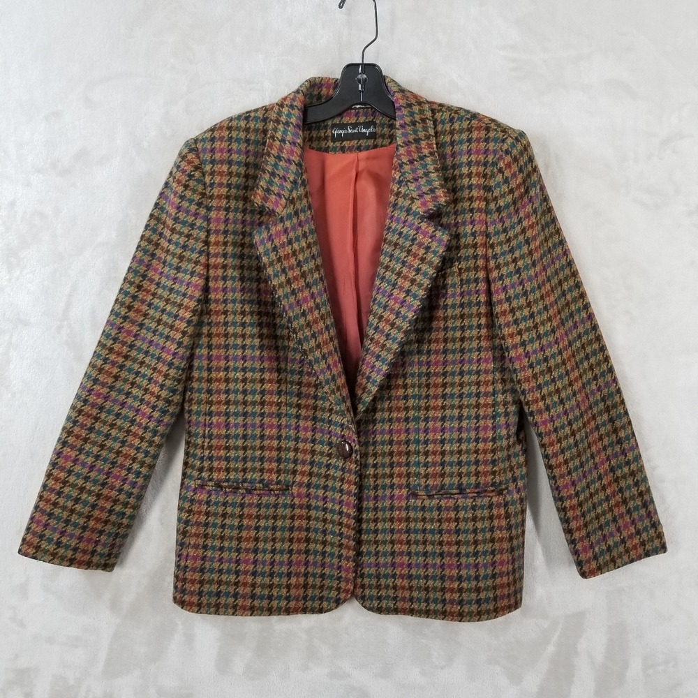 Vtg Giorgio Saint Angelo Blazer Women 10 Colorful Houndstooth 100% Wool Lined